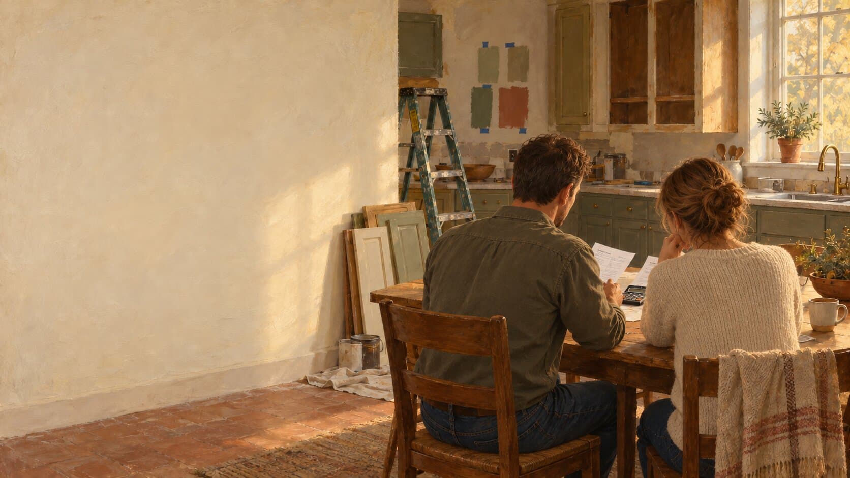 Painting of a couple at their kitchen table in a kitchen mid-renovation, looking over statements with a calculator