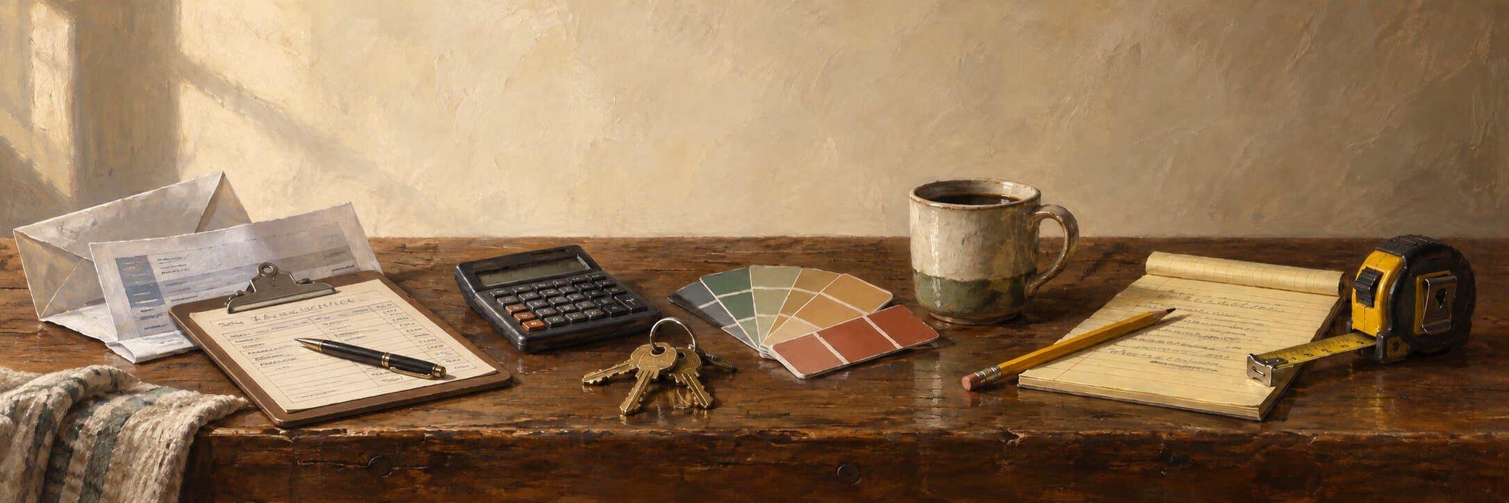 Still life of a kitchen table: an opened statement, a contractor's estimate on a clipboard, a calculator, house keys, paint swatches, coffee, and a notepad