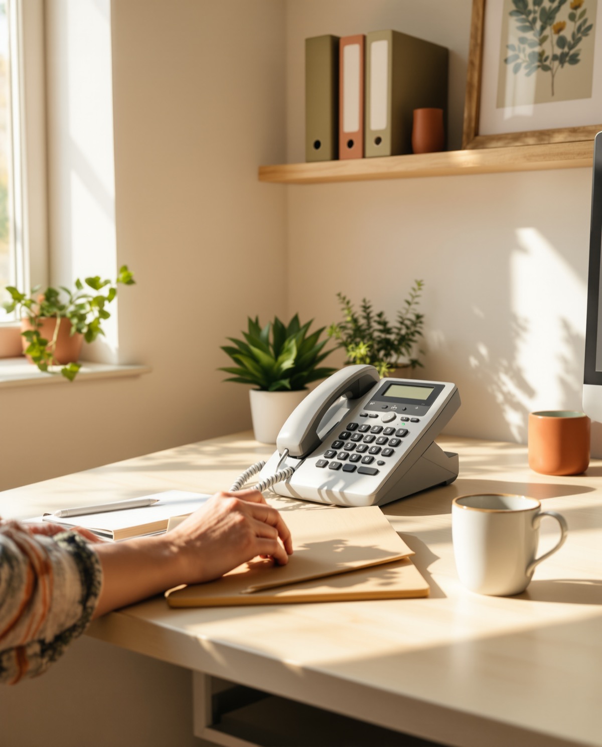 Hand resting on a loan file beside a desk phone in a sunlit office